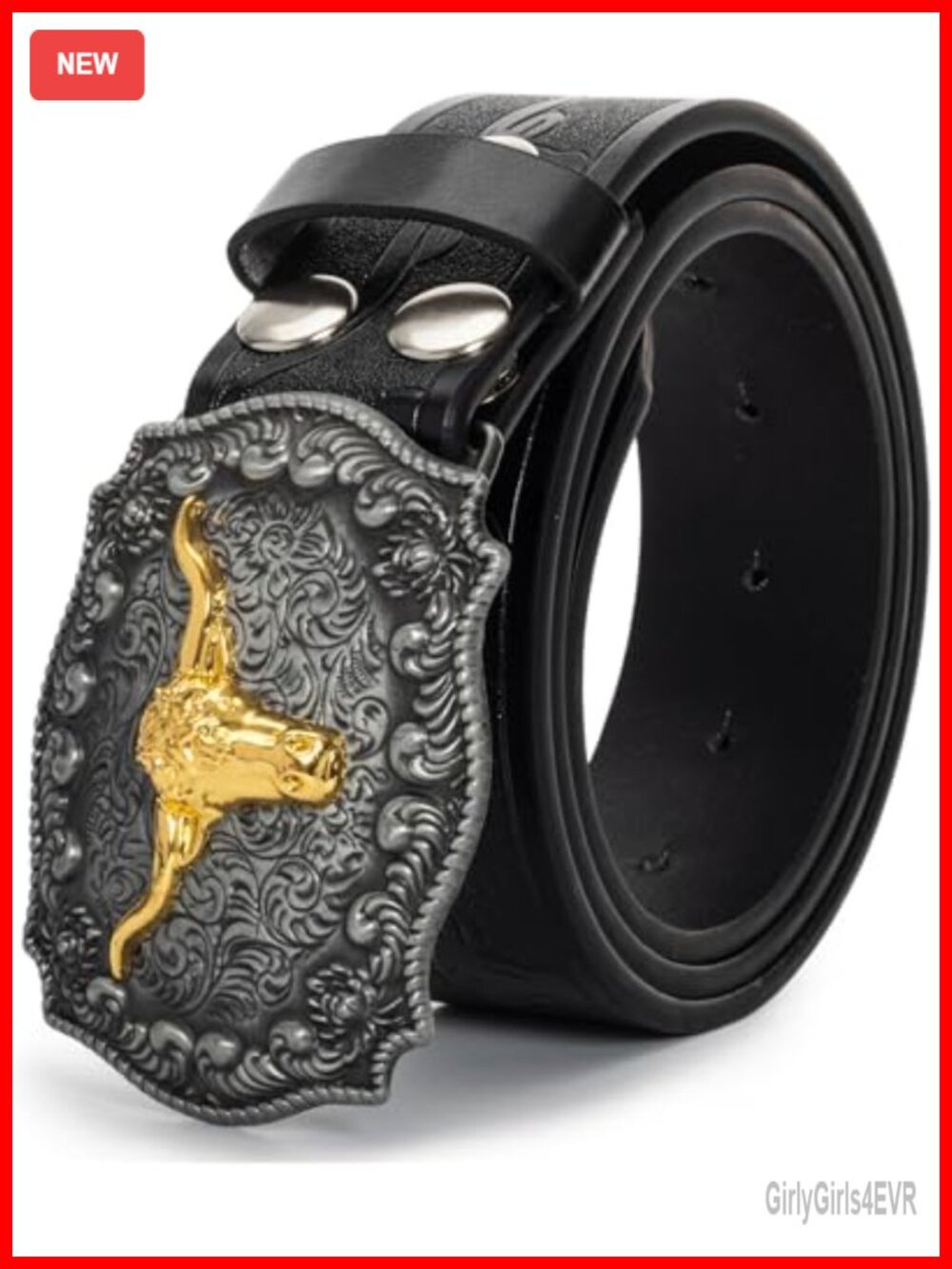Western Cowboy Belt Faux Leather PU Floral Bull Buckle 1.5" Waist 25-38